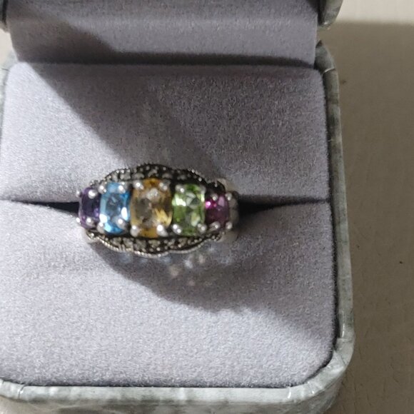 Vintage Marcasite Sterling Silver 925 Ring Prong Multi Colored Gemstones Stamped - Picture 2 of 11